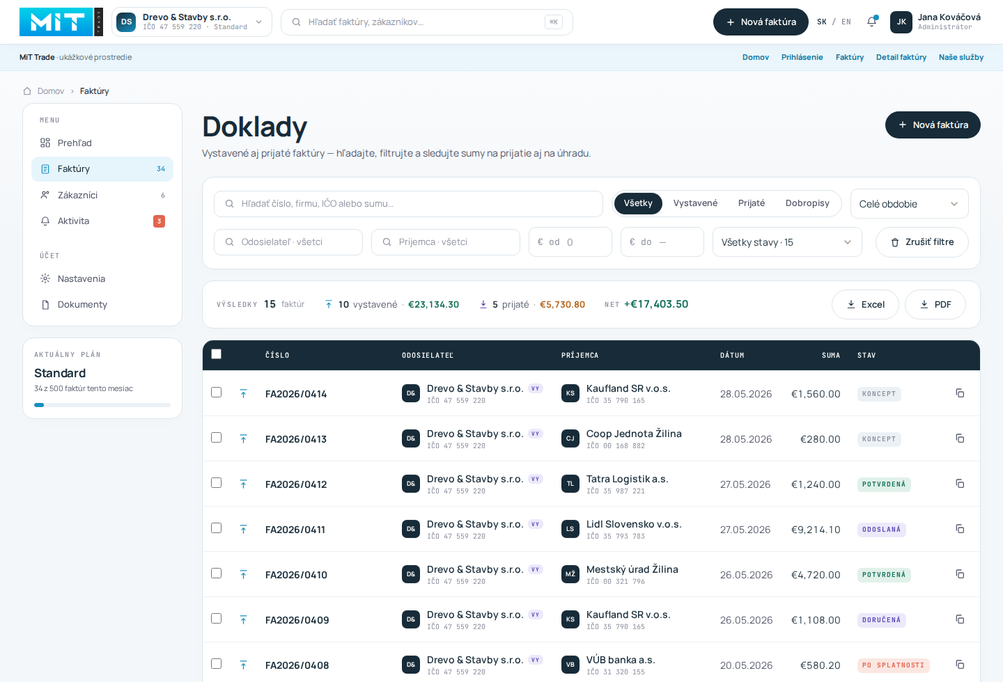 Štandardný prehľad faktúr v portáli MiT Trade